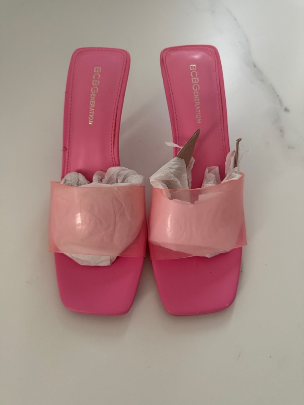 BCBGeneration Hot Pink Slide Heels with Pale Pink Strap Size 9